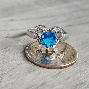 925 Sterling Silver Swiss Blue Topaz and White Topaz Size 9.75 Heart Ring